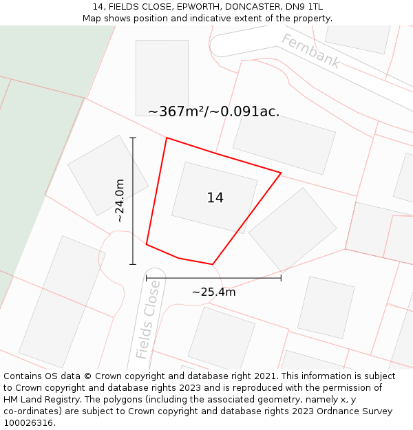 14, FIELDS CLOSE, EPWORTH, DONCASTER, DN9 1TL: Plot and title map