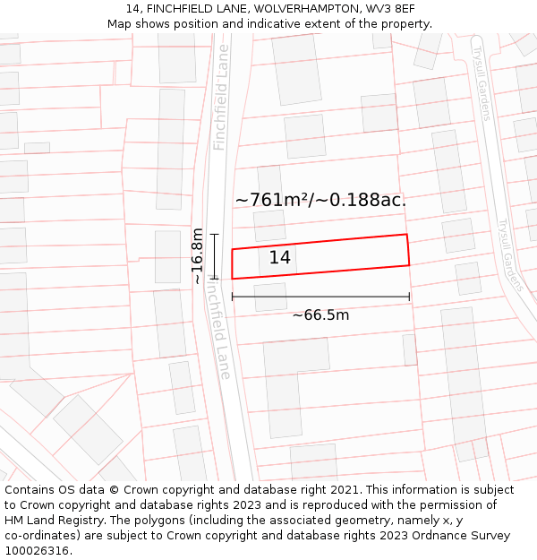 14, FINCHFIELD LANE, WOLVERHAMPTON, WV3 8EF: Plot and title map