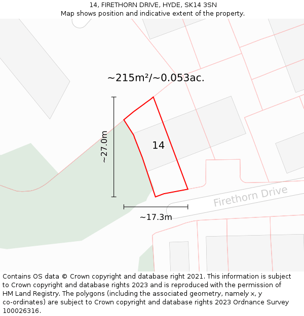 14, FIRETHORN DRIVE, HYDE, SK14 3SN: Plot and title map