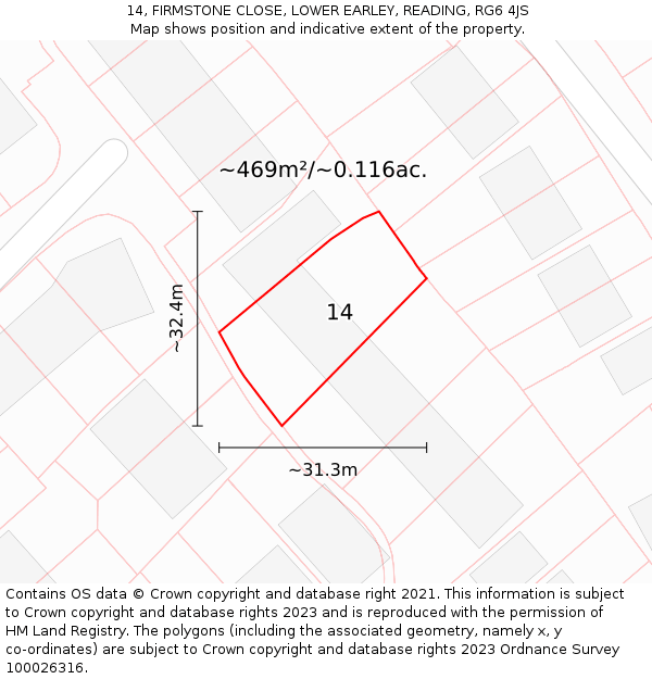 14, FIRMSTONE CLOSE, LOWER EARLEY, READING, RG6 4JS: Plot and title map