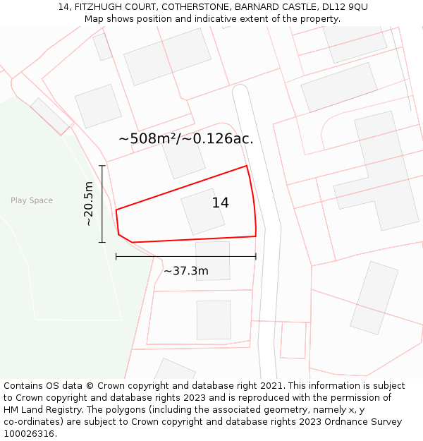 14, FITZHUGH COURT, COTHERSTONE, BARNARD CASTLE, DL12 9QU: Plot and title map
