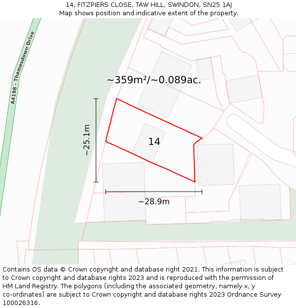 14, FITZPIERS CLOSE, TAW HILL, SWINDON, SN25 1AJ: Plot and title map