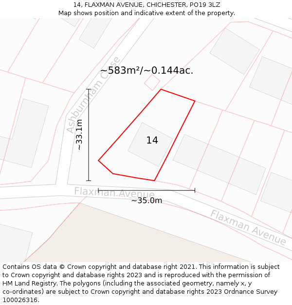 14, FLAXMAN AVENUE, CHICHESTER, PO19 3LZ: Plot and title map
