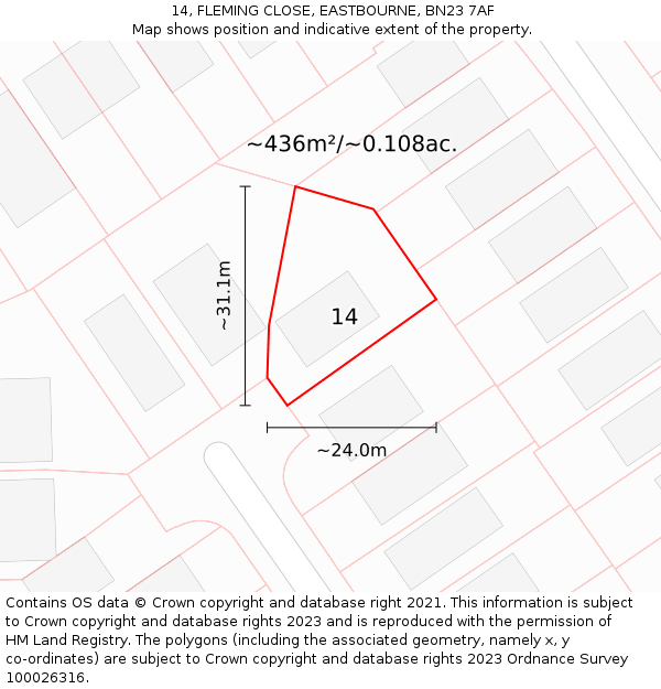 14, FLEMING CLOSE, EASTBOURNE, BN23 7AF: Plot and title map