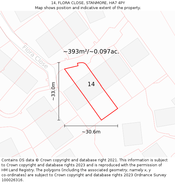 14, FLORA CLOSE, STANMORE, HA7 4PY: Plot and title map