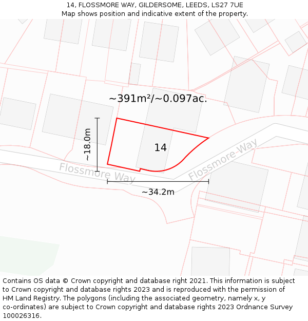 14, FLOSSMORE WAY, GILDERSOME, LEEDS, LS27 7UE: Plot and title map