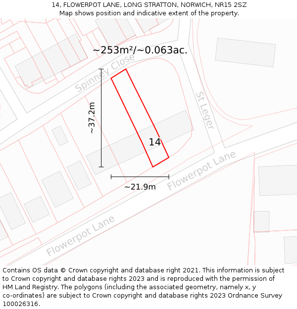 14, FLOWERPOT LANE, LONG STRATTON, NORWICH, NR15 2SZ: Plot and title map