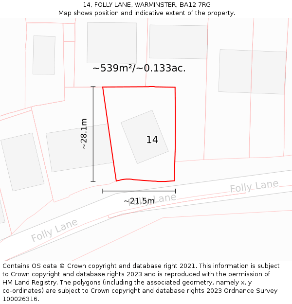 14, FOLLY LANE, WARMINSTER, BA12 7RG: Plot and title map