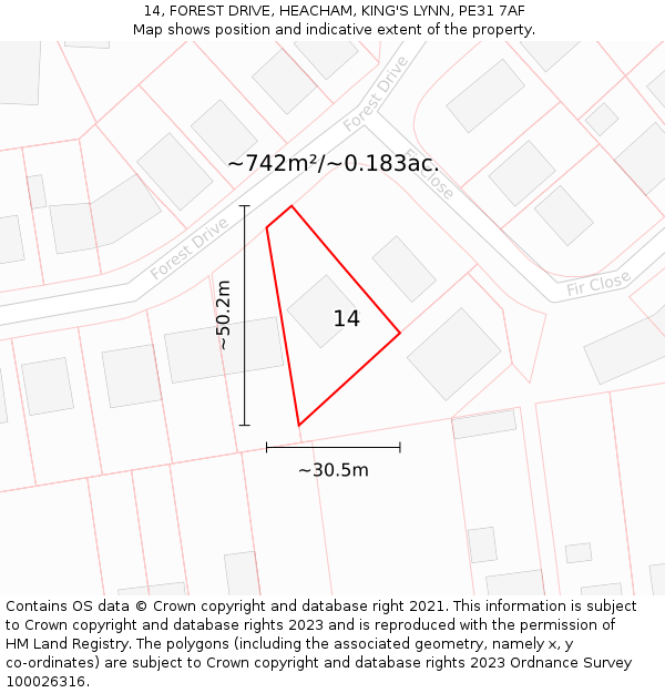 14, FOREST DRIVE, HEACHAM, KING'S LYNN, PE31 7AF: Plot and title map
