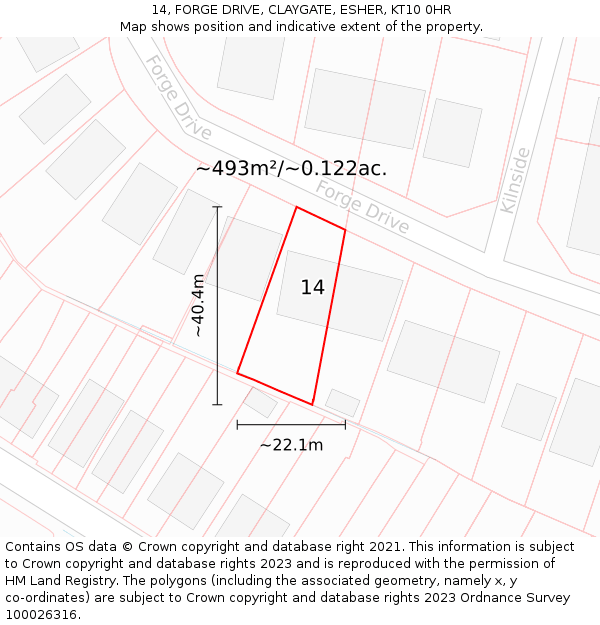 14, FORGE DRIVE, CLAYGATE, ESHER, KT10 0HR: Plot and title map