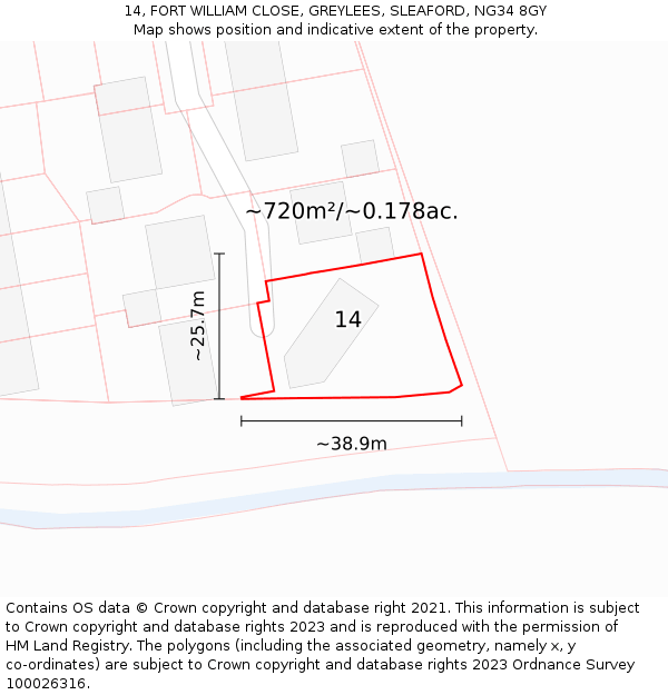 14, FORT WILLIAM CLOSE, GREYLEES, SLEAFORD, NG34 8GY: Plot and title map