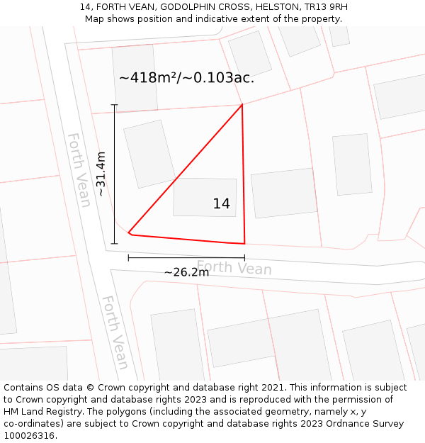 14, FORTH VEAN, GODOLPHIN CROSS, HELSTON, TR13 9RH: Plot and title map