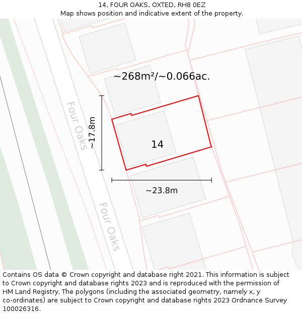 14, FOUR OAKS, OXTED, RH8 0EZ: Plot and title map