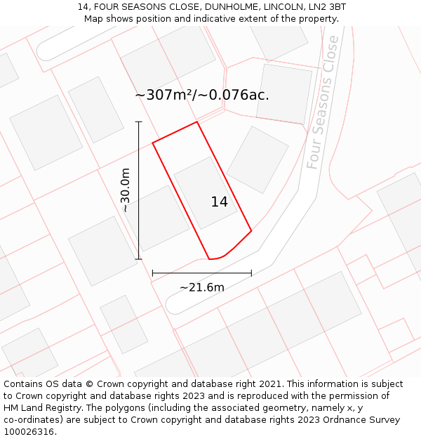 14, FOUR SEASONS CLOSE, DUNHOLME, LINCOLN, LN2 3BT: Plot and title map