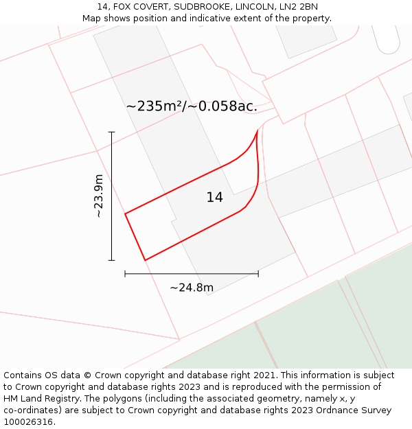 14, FOX COVERT, SUDBROOKE, LINCOLN, LN2 2BN: Plot and title map