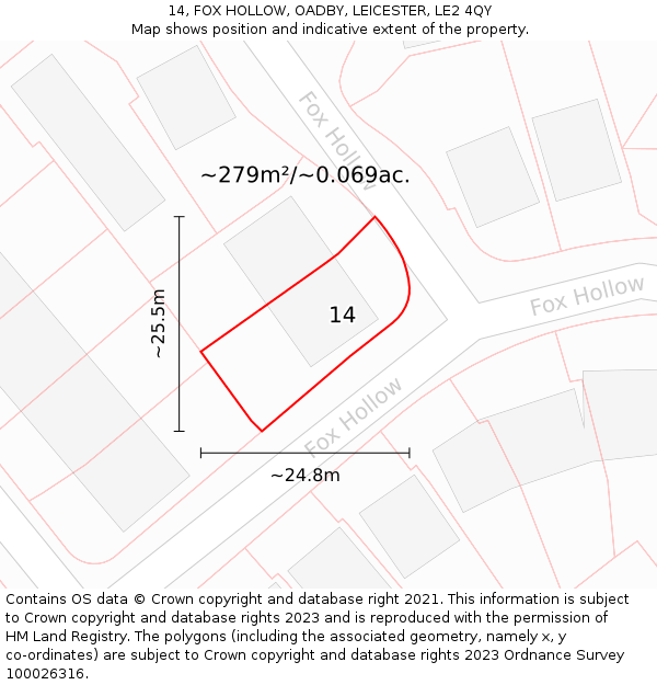14, FOX HOLLOW, OADBY, LEICESTER, LE2 4QY: Plot and title map