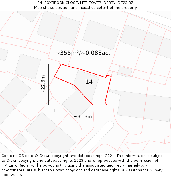 14, FOXBROOK CLOSE, LITTLEOVER, DERBY, DE23 3ZJ: Plot and title map