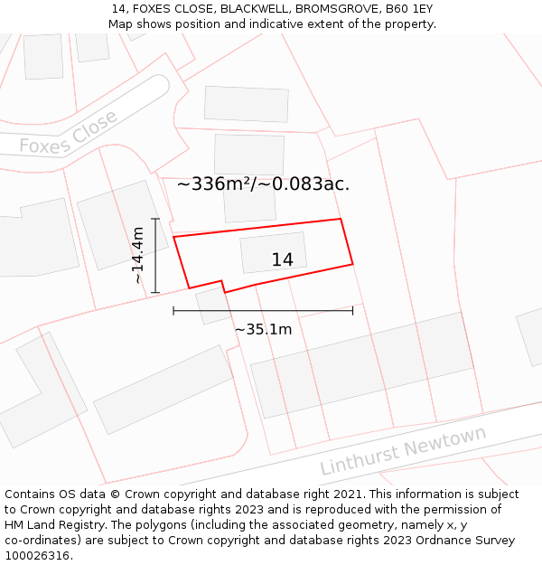 14, FOXES CLOSE, BLACKWELL, BROMSGROVE, B60 1EY: Plot and title map