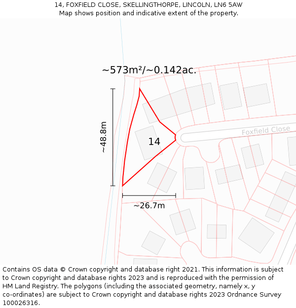 14, FOXFIELD CLOSE, SKELLINGTHORPE, LINCOLN, LN6 5AW: Plot and title map