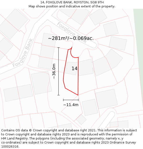 14, FOXGLOVE BANK, ROYSTON, SG8 9TH: Plot and title map