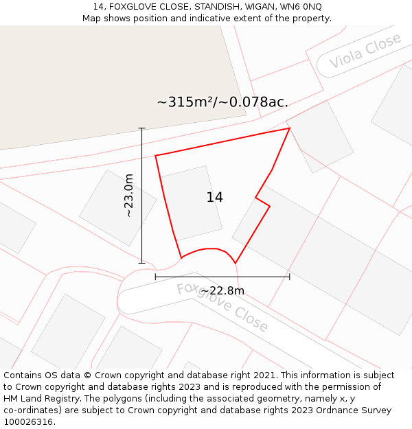 14, FOXGLOVE CLOSE, STANDISH, WIGAN, WN6 0NQ: Plot and title map