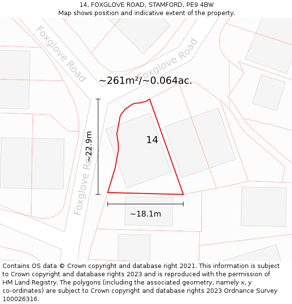 14, FOXGLOVE ROAD, STAMFORD, PE9 4BW: Plot and title map