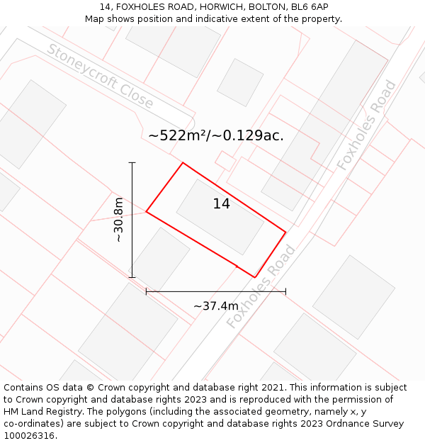 14, FOXHOLES ROAD, HORWICH, BOLTON, BL6 6AP: Plot and title map