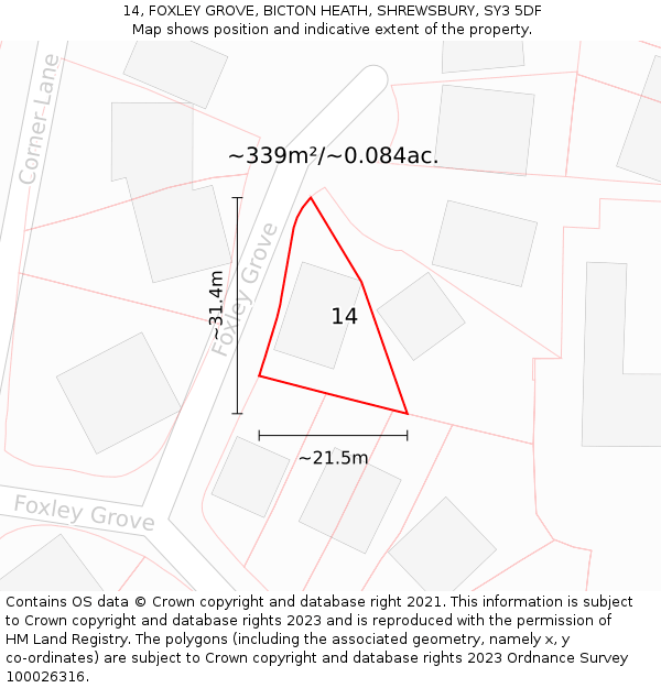 14, FOXLEY GROVE, BICTON HEATH, SHREWSBURY, SY3 5DF: Plot and title map