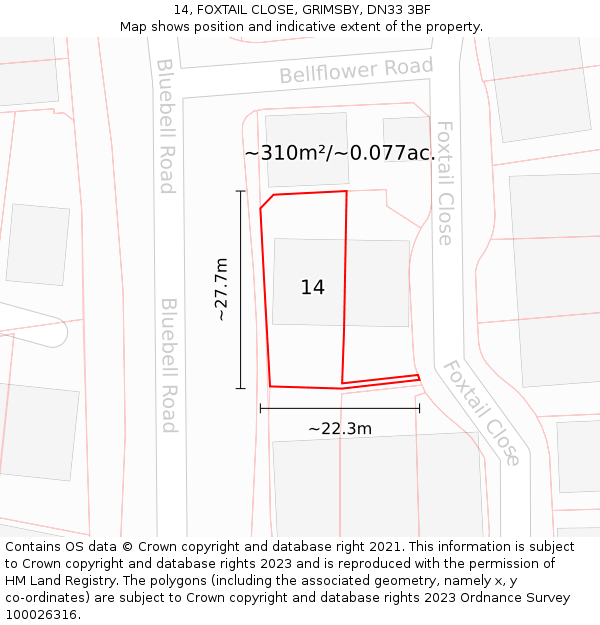14, FOXTAIL CLOSE, GRIMSBY, DN33 3BF: Plot and title map