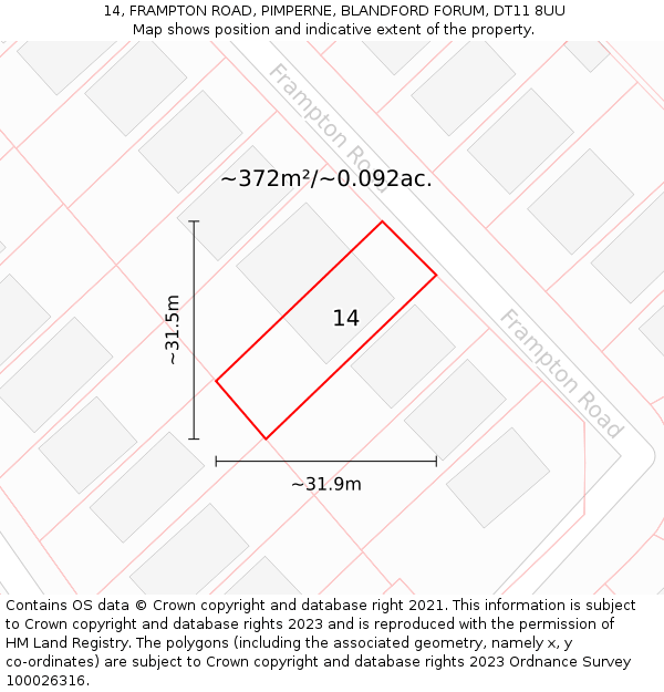 14, FRAMPTON ROAD, PIMPERNE, BLANDFORD FORUM, DT11 8UU: Plot and title map