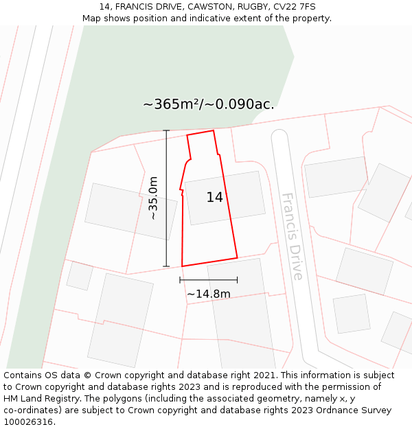 14, FRANCIS DRIVE, CAWSTON, RUGBY, CV22 7FS: Plot and title map
