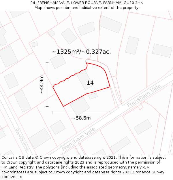 14, FRENSHAM VALE, LOWER BOURNE, FARNHAM, GU10 3HN: Plot and title map
