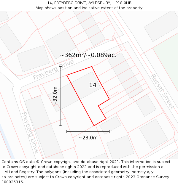 14, FREYBERG DRIVE, AYLESBURY, HP18 0HR: Plot and title map