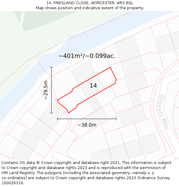 14, FRIESLAND CLOSE, WORCESTER, WR3 8QL: Plot and title map