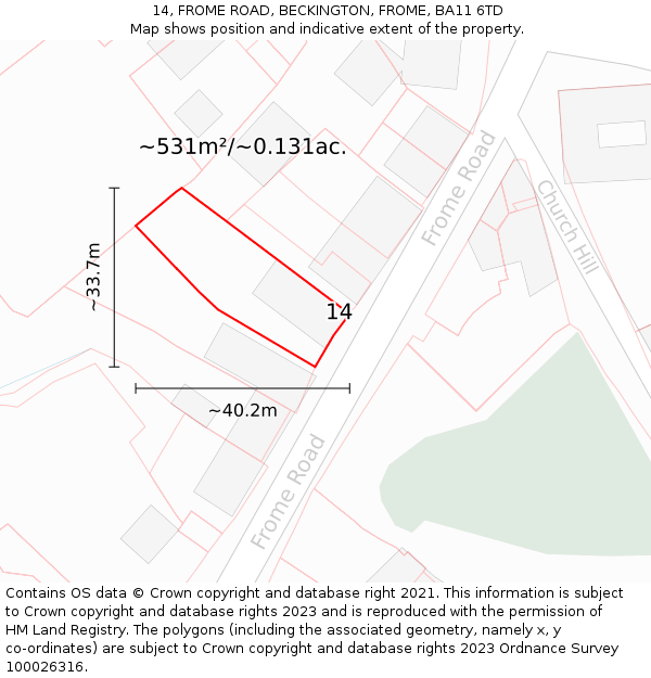 14, FROME ROAD, BECKINGTON, FROME, BA11 6TD: Plot and title map