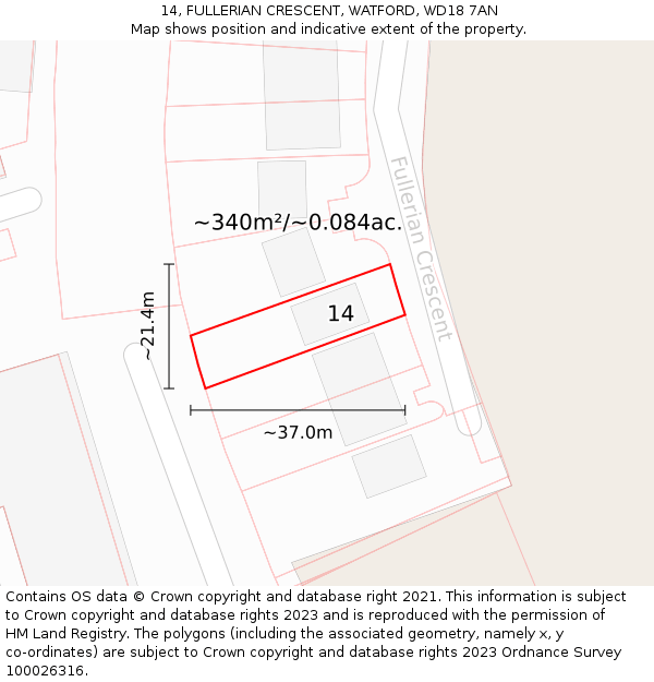 14, FULLERIAN CRESCENT, WATFORD, WD18 7AN: Plot and title map