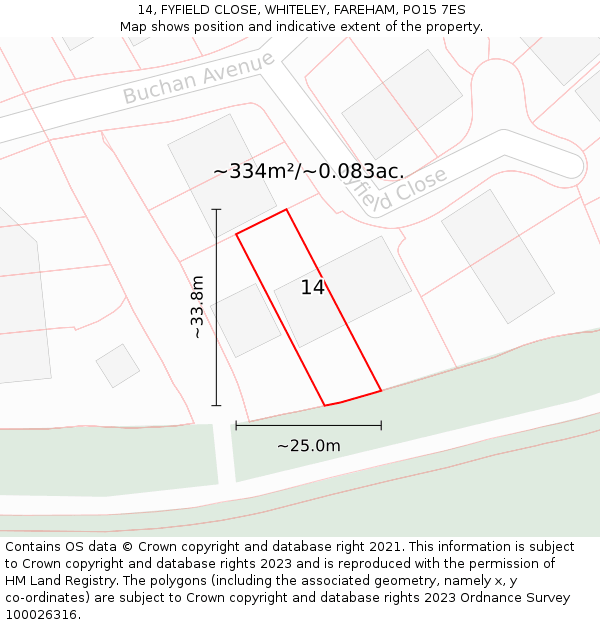 14, FYFIELD CLOSE, WHITELEY, FAREHAM, PO15 7ES: Plot and title map