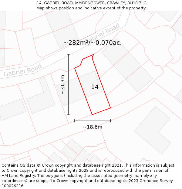 14, GABRIEL ROAD, MAIDENBOWER, CRAWLEY, RH10 7LG: Plot and title map