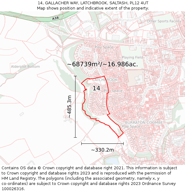 14, GALLACHER WAY, LATCHBROOK, SALTASH, PL12 4UT: Plot and title map