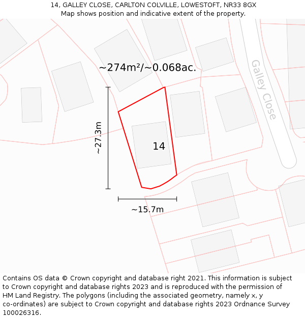 14, GALLEY CLOSE, CARLTON COLVILLE, LOWESTOFT, NR33 8GX: Plot and title map