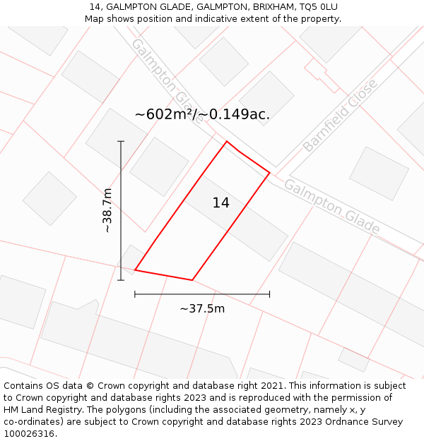 14, GALMPTON GLADE, GALMPTON, BRIXHAM, TQ5 0LU: Plot and title map