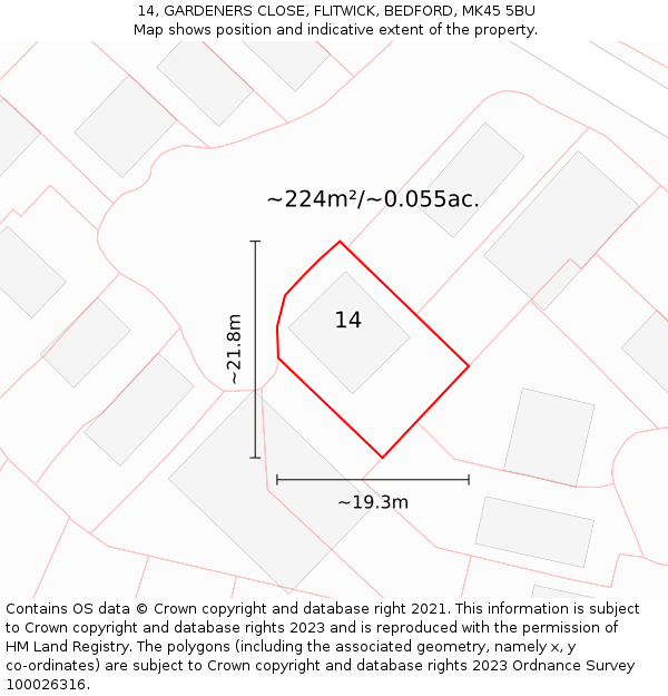 14, GARDENERS CLOSE, FLITWICK, BEDFORD, MK45 5BU: Plot and title map