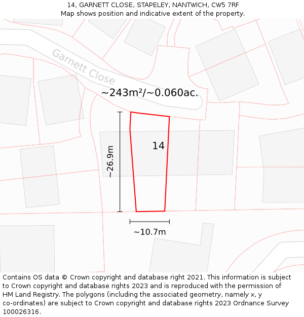 14, GARNETT CLOSE, STAPELEY, NANTWICH, CW5 7RF: Plot and title map