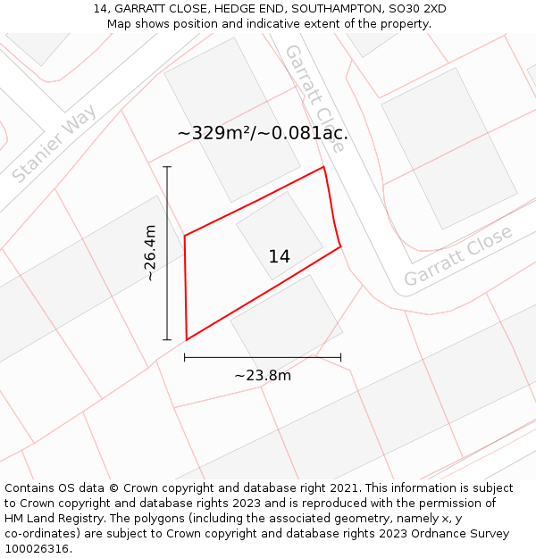 14, GARRATT CLOSE, HEDGE END, SOUTHAMPTON, SO30 2XD: Plot and title map
