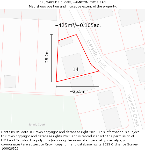 14, GARSIDE CLOSE, HAMPTON, TW12 3AN: Plot and title map