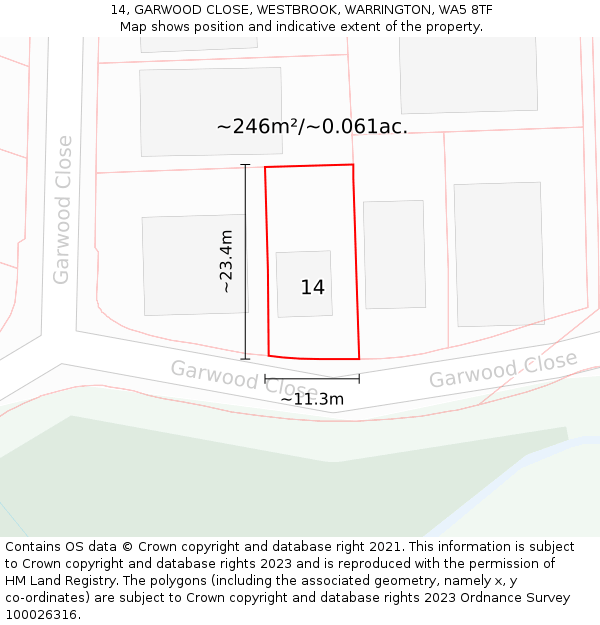 14, GARWOOD CLOSE, WESTBROOK, WARRINGTON, WA5 8TF: Plot and title map