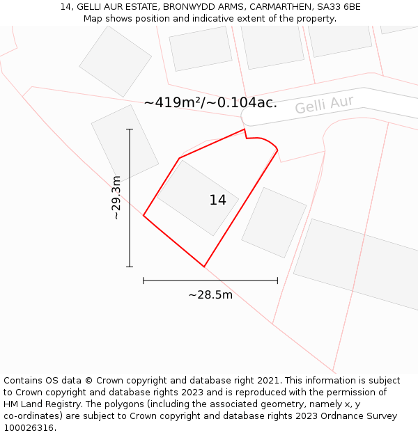 14, GELLI AUR ESTATE, BRONWYDD ARMS, CARMARTHEN, SA33 6BE: Plot and title map