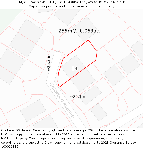14, GELTWOOD AVENUE, HIGH HARRINGTON, WORKINGTON, CA14 4LD: Plot and title map