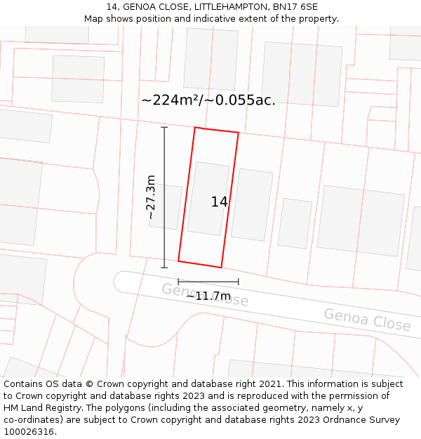 14, GENOA CLOSE, LITTLEHAMPTON, BN17 6SE: Plot and title map