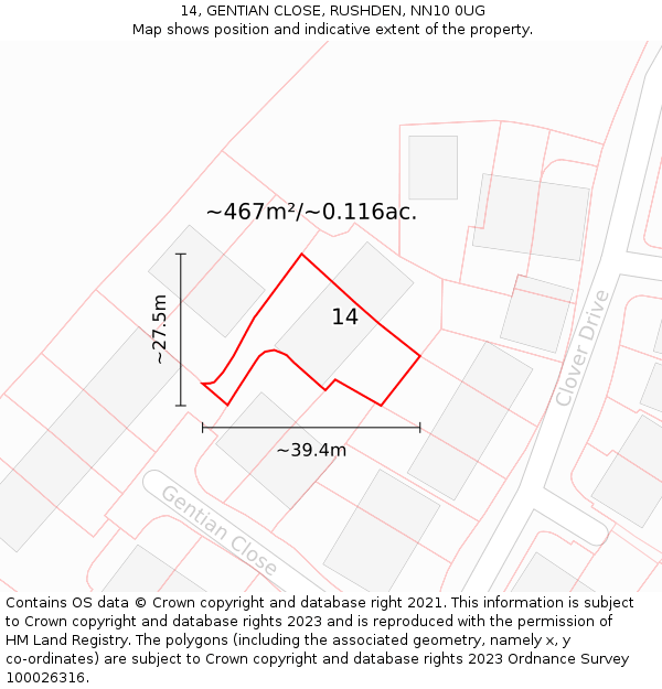 14, GENTIAN CLOSE, RUSHDEN, NN10 0UG: Plot and title map